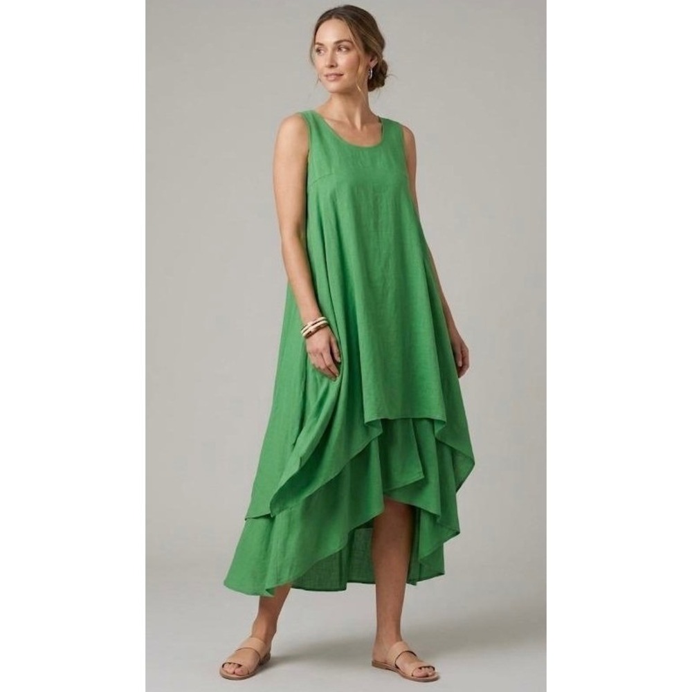 Verandah by Vina Dress Size L Green Sleeveless High Low Tiered Maxi Dress Boho
